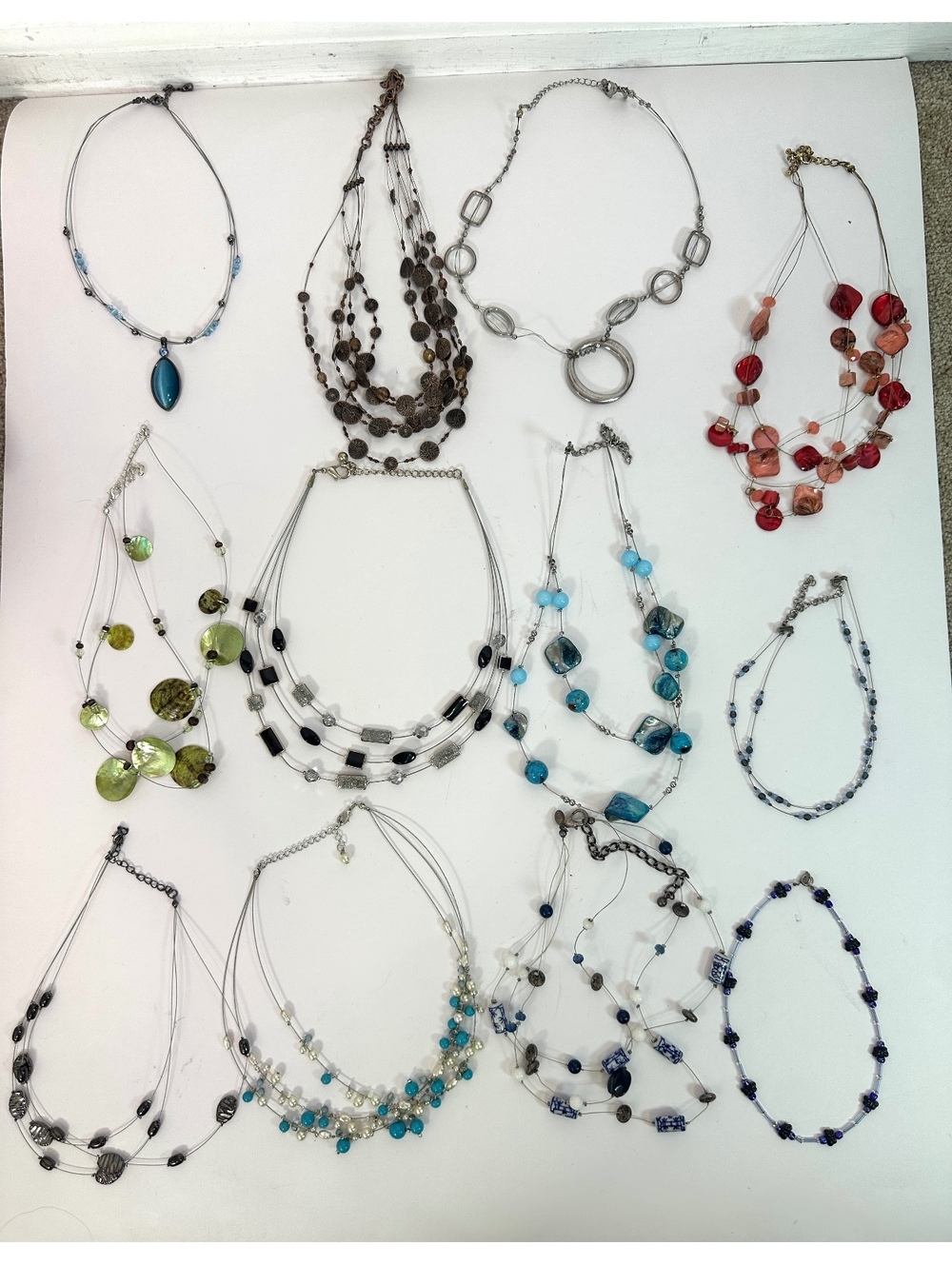12 Wire Beaded Necklaces Bulk Lot Costume Resale Wearable Shell Metal Plastic